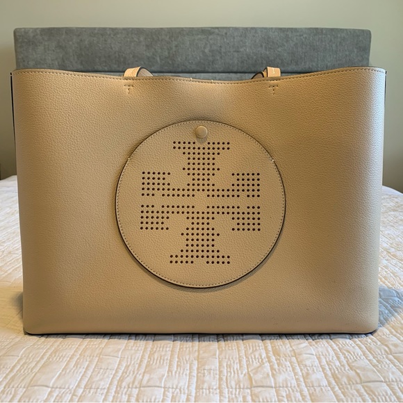 Tory Burch Perforated Leather Tote Sand Dune - Picture 2 of 11
